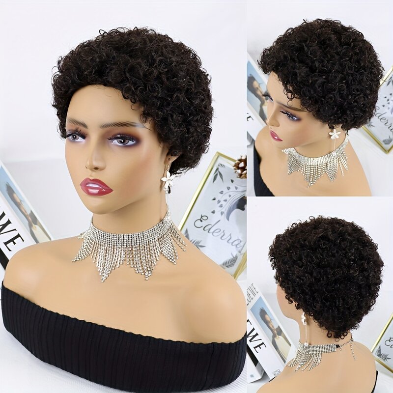 Wig potongan Pixie ikal hitam alami rambut manusia potongan pendek tanpa lem mesin penuh dibuat Wig rambut Humain dengan mesin poni dibuat