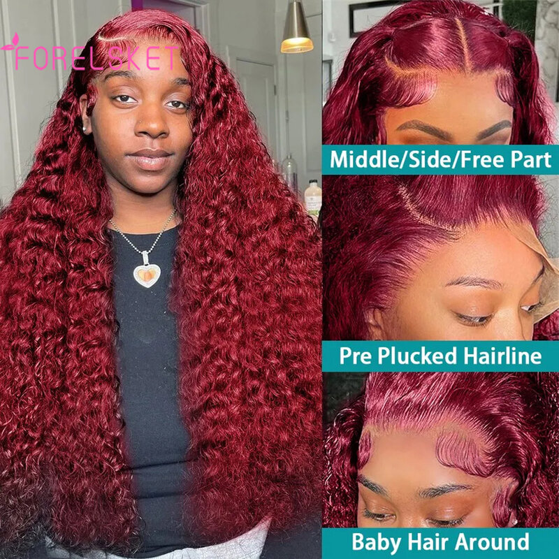 99j 13x4 HD180% Density For Women Burgundy Deep Wave Wig Lace Front Wigs Human Hair Burgundy Curly Lace Front Wigs Human Hair