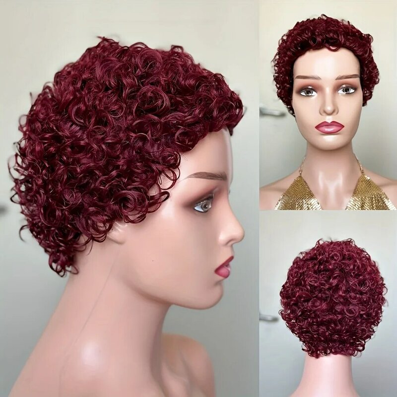 Fafro-女性用カーリーウィッグ,短い人間の髪の毛,密度180%,完全機械製,自然な黒