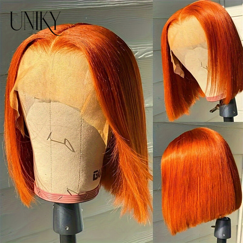 350 Ginger Orange Short Straight Bob Wigs 13x4 Transparent Lace Frontal Wig Peruvian Remy Human Hair Colored Lace Front Bob Wig