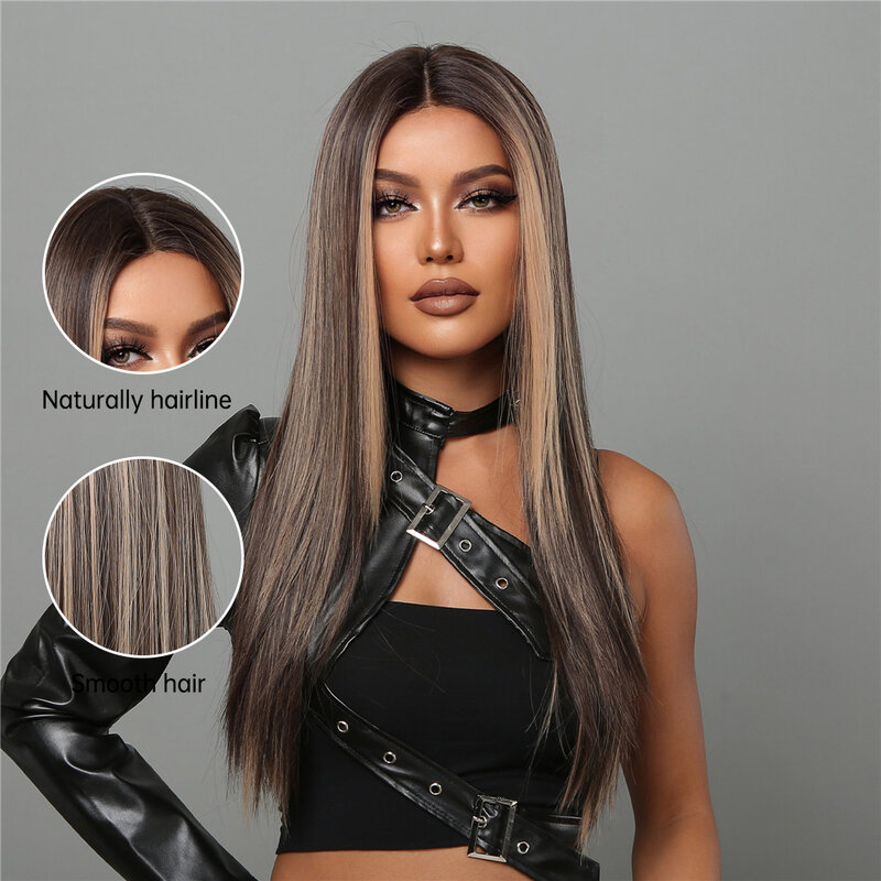 Wig Sintetis Depan Renda Emas Campuran Coklat Tua Wig Highlight Lurus Panjang untuk Wanita Hitam Cosplay Wig Renda Transparan