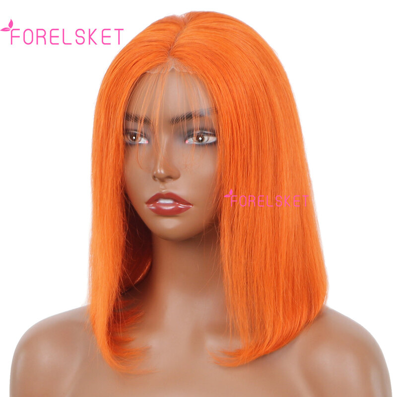 FORELSKET Wig Bob jahe oranye 350 UNTUK WANITA tanpa lem, sebelum dipetik, rambut manusia, penutup 6x4, potongan pendek lurus