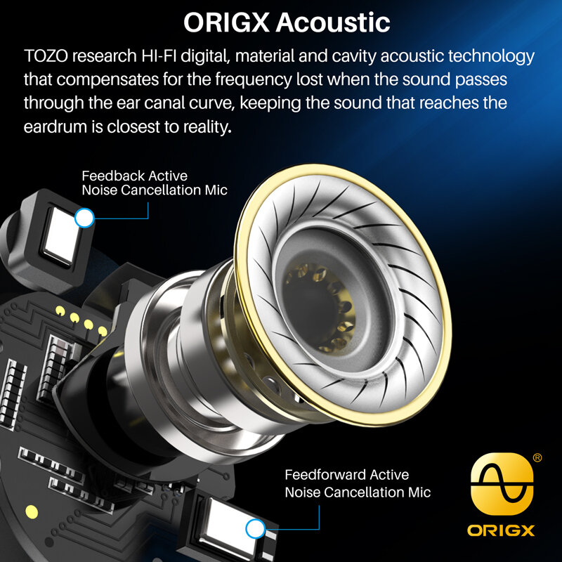 Беспроводные наушники TOZO NC9, гибридные наушники с активным шумоподавлением, Bluetooth наушники с погружным звуком, Премиум глубокие басы, воспроизведение 40 часов