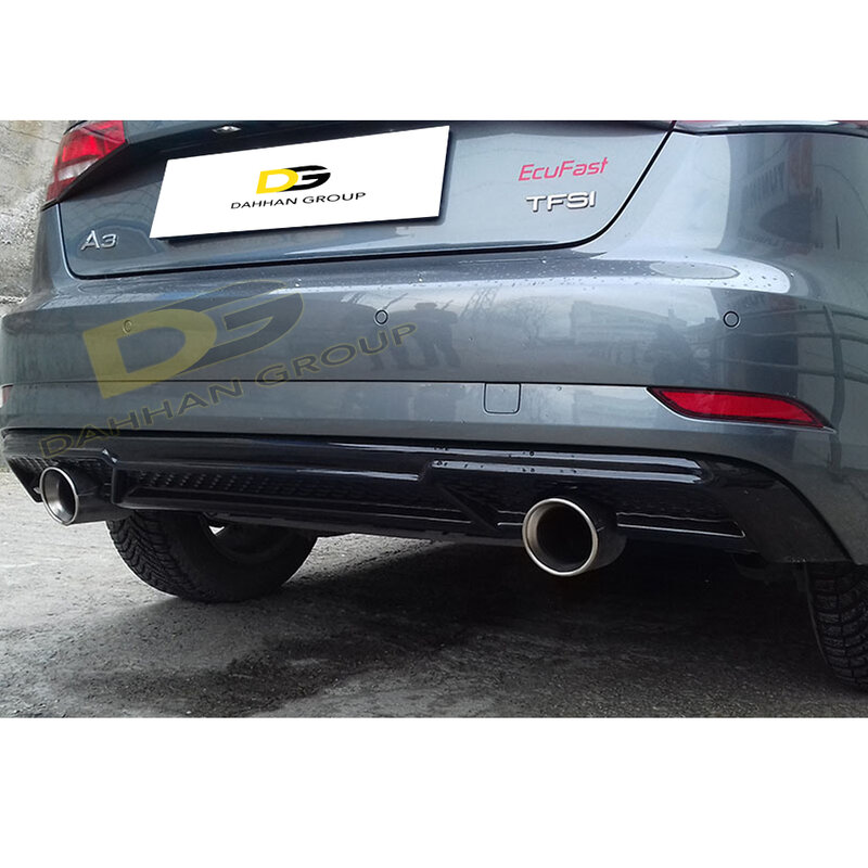 A3 8V Facelift 2017 - 2019 S3 Style Rear Diffuser Splitter Lip Left and Right Single Exhaust Outputs Piano Gloss Black Plastic