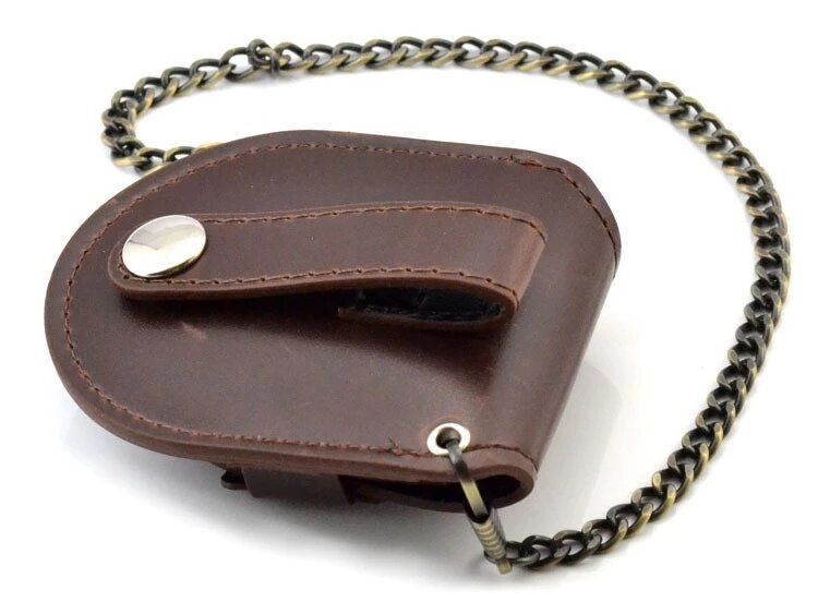 Caja de reloj de bolsillo clásica Vintage para hombre, estuche de almacenamiento, monedero, bolsa con cadena, cubierta negra y marrón, moda