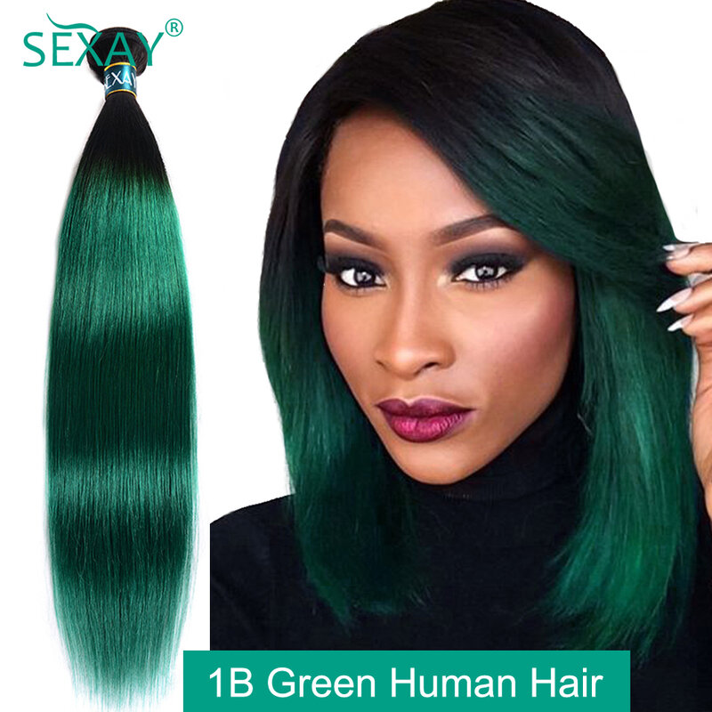 Bundles de tissage de cheveux humains raides verts purs pour femmes, extensions de cheveux indiens bruts, 2 tons, cheveux turquoise ombrés, 1 PC