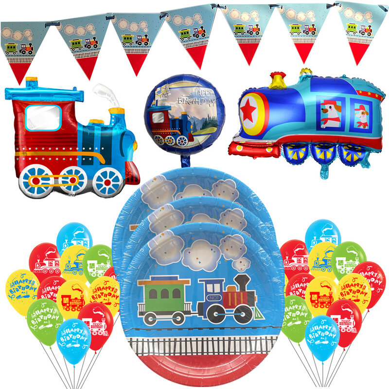Trem decorações de aniversário carros utensílios de mesa para todos a bordo da ferrovia placas de papel descartáveis trem folha balão suprimentos
