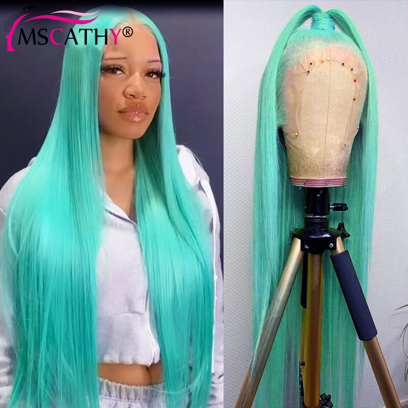 Pelucas de cabello humano de color verde menta para mujer, peluca Frontal de encaje HD 13x4, pelucas frontales de encaje recto Natural, prearrancadas, a la venta