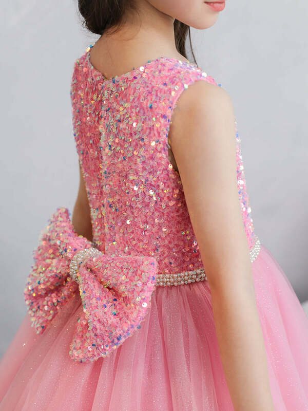 Girl's Tulle Sequins Ball Gowns With Pearls & Bowknot Sleeveless A line Girl Dresses For Wedding & Birthday Party