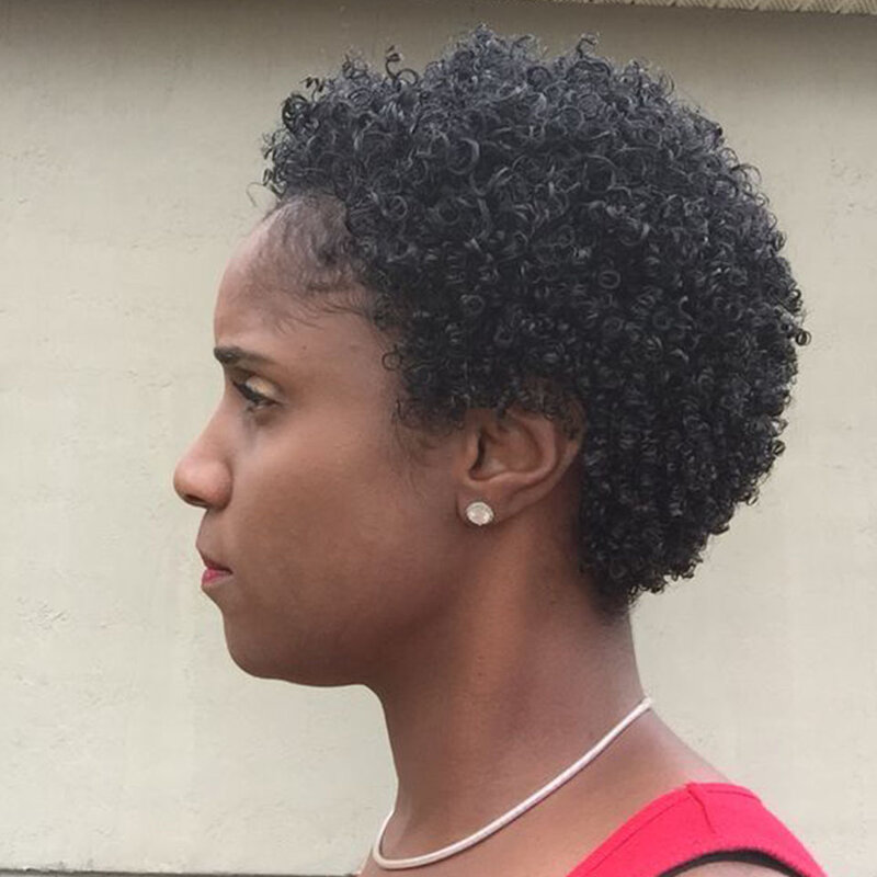Pelucas de cabello humano brasileño Remy para mujeres negras, pelo corto Afro rizado con flequillo, Color negro, barato