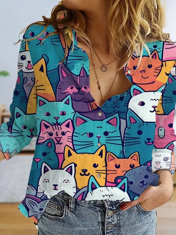 かわいい猫のプリント、エレガントなボタンシャツ、女性の服、シャツ、ブラウスを備えた女性の長袖ブラウス、2024