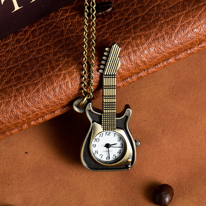 Vintage Small Dial Quartz Pocket Watch for Men Women Music Guitar Fob Chain Pendant Necklace Clock for Collection Gift