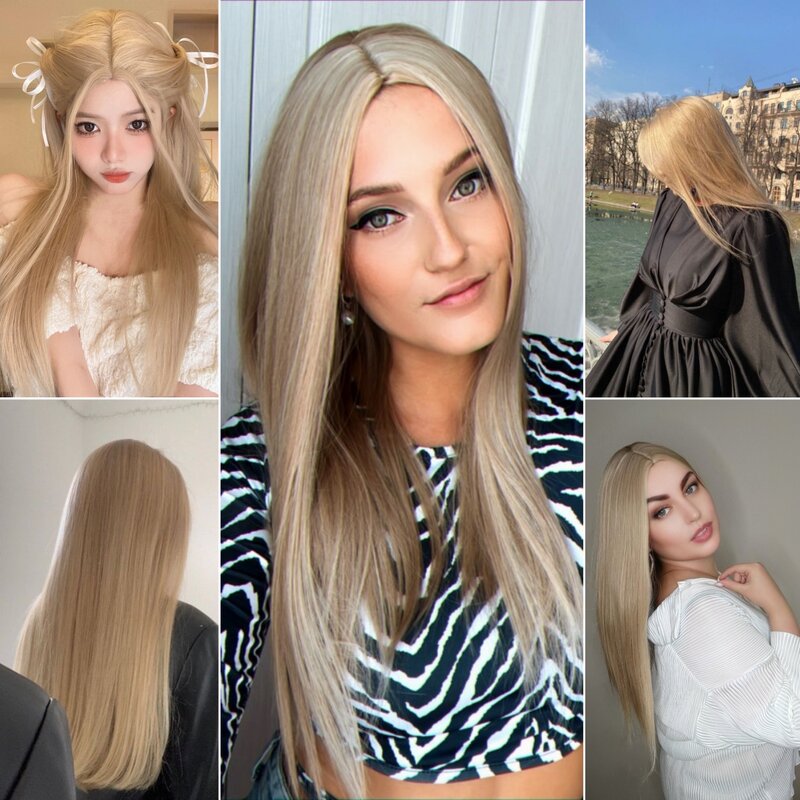 Perruques synthétiques blondes pures pour femmes, cheveux naturels longs et raides, perruque de cosplay de fête, partie médiane, degré de chaleur, utilisation 03