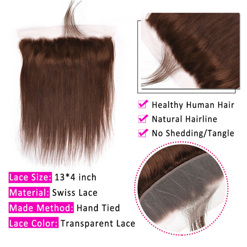 Pacotes de cabelo humano virgem brasileiro, Pacotes retos com Frontal, 13x4 HD Frontal, Brown #4 Color, 3 Pacotes