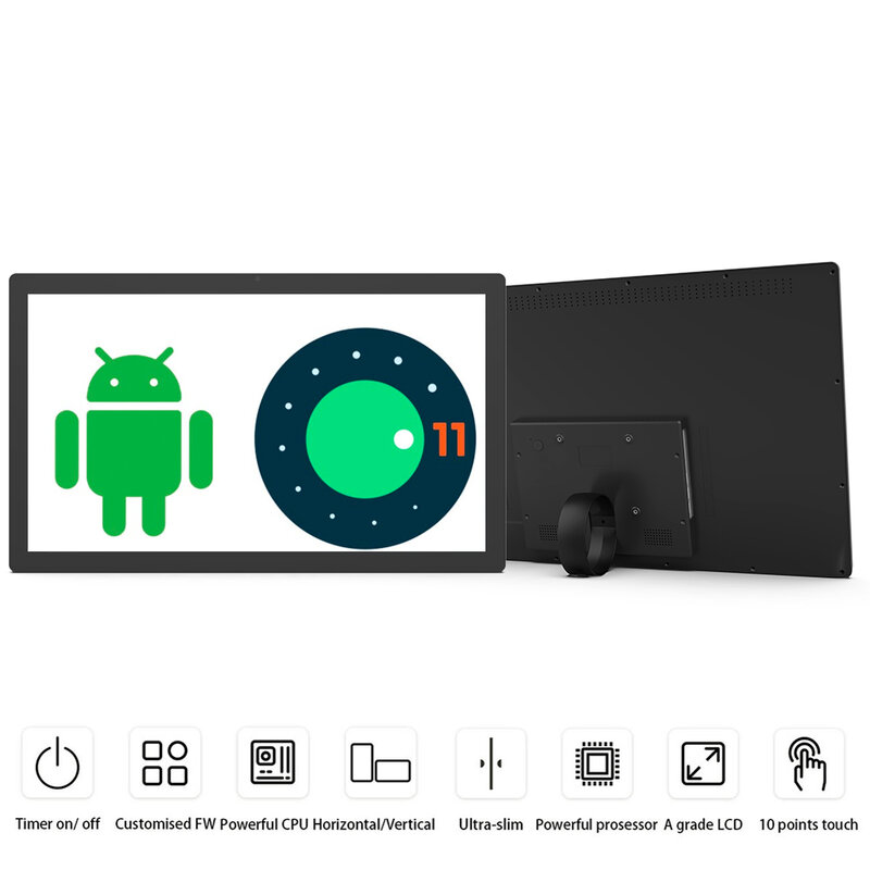 Tampilan interaktif Android 11 27 inci, dengan layar sentuh 10 poin, RK3566, 2GB DDR2, flash 16GB, 100*100 VESA, HDMI out, RJ45