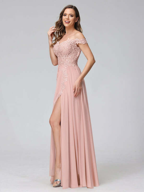 A-Line Off-The-Shoulder Sleeveless Appliqued Chiffon Long Bridesmaid Dresses With Side Slit Elegant Dresses for Weddings Guest