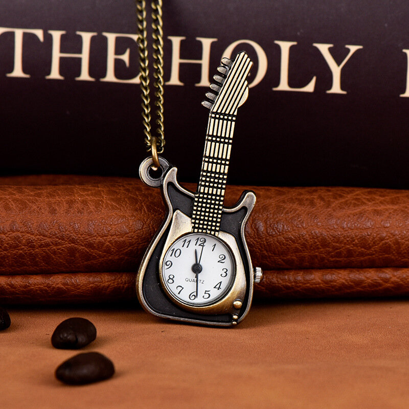 Vintage Dial นาฬิกาควอตซ์สำหรับผู้ชายผู้หญิงเพลงกีตาร์ Fob Chain จี้สร้อยคอนาฬิกาสำหรับของขวัญ