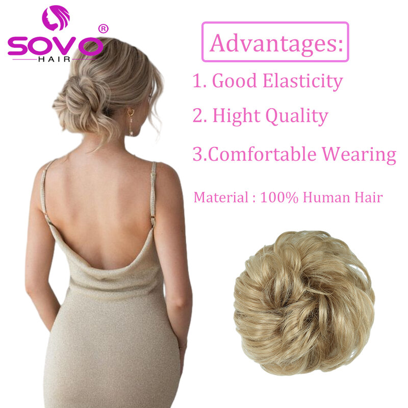 Extensions de vrais chignon de cheveux humains pour femmes, chignon rose désordonné, morceaux de cheveux bouclés ondulés, cheveux bruns naturels, 100%