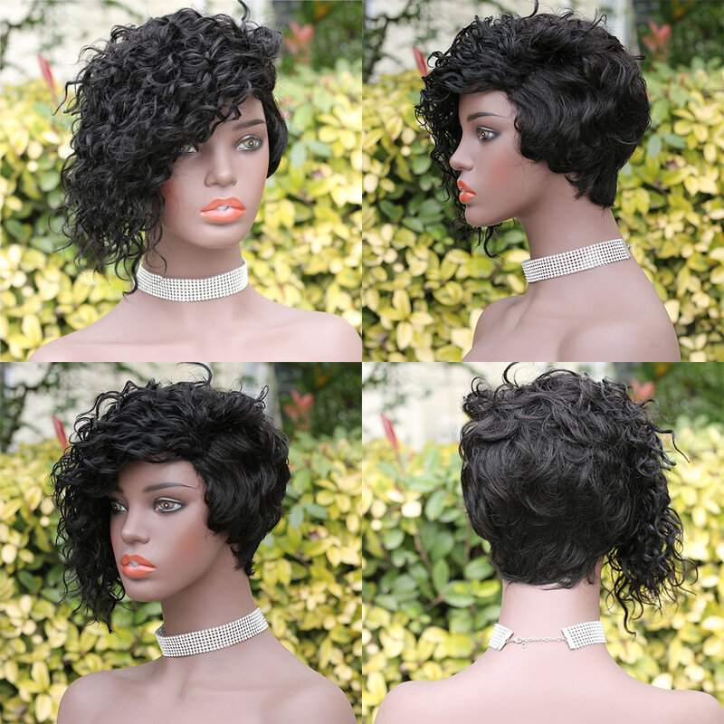 Curly Short Pixie Cut Fully Machine-made Human Hair Wig With Side Parted  100% Remy Human Hair Extension Wig Brazilian Hair