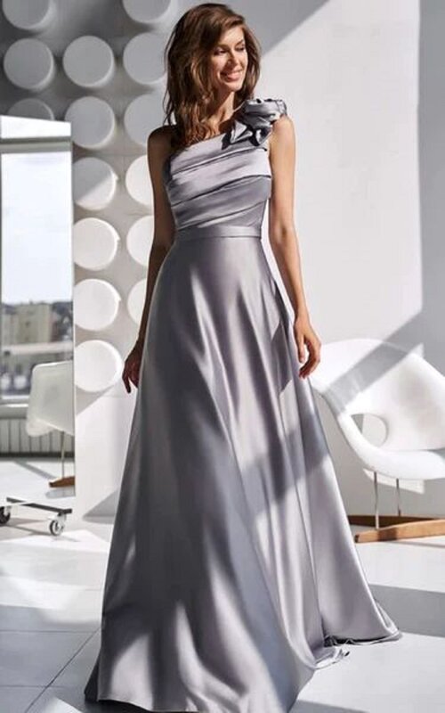 2024 Hot One-shoulder Sleeveless Sheath Ruched Satin Dress Long Pleated Formal Evening Dress Satin Prom Dresses Long Dresses