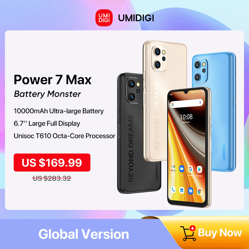 UMIDIGI Power 7 Max ponsel pintar Android 11, baterai 10000mAh unisex T610 6GB 128GB 6.7 "tampilan kamera 48MP NFC tidak terkunci