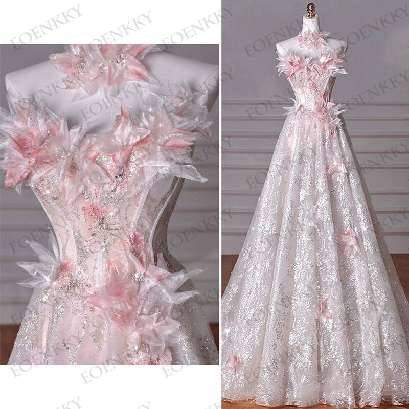Gaun pesta Prom peri panjang gaun pesta tanpa lengan Tulle A Line gaun malam renda bunga merah muda 3D jubah Formal gaun untuk wanita
