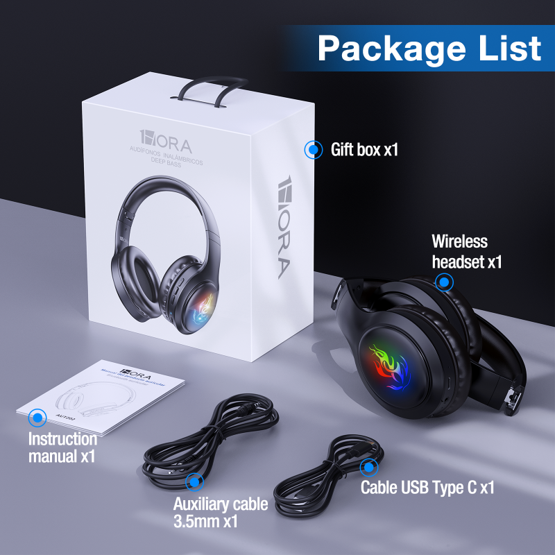 Auriculares inalámbricos con Bluetooth 5,3, audífonos plegables para videojuegos de 1Hora, música LED de graves con micrófono manos libres, AUT202