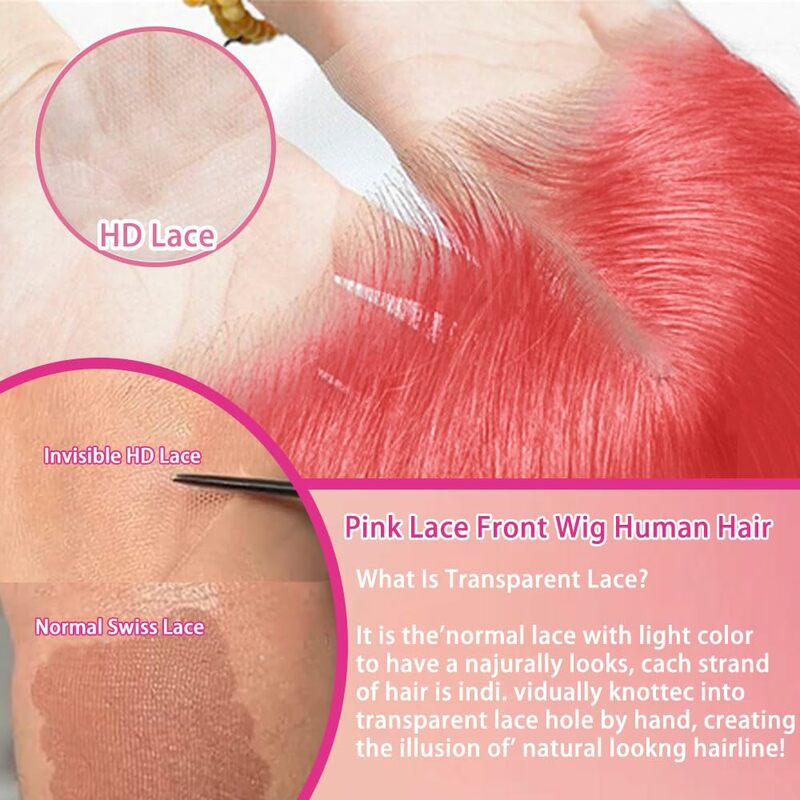 Pink Body Wave Lace Front Peruca de cabelo humano, Parte livre com cabelo de bebê, 13x4 HD Lace, Densidade 180