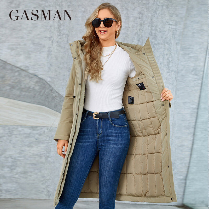 Gasmam inverno para baixo jaqueta feminina quente longo clássico zíper lacing design bolso com capuz fino parkas casaco feminino GM-82160
