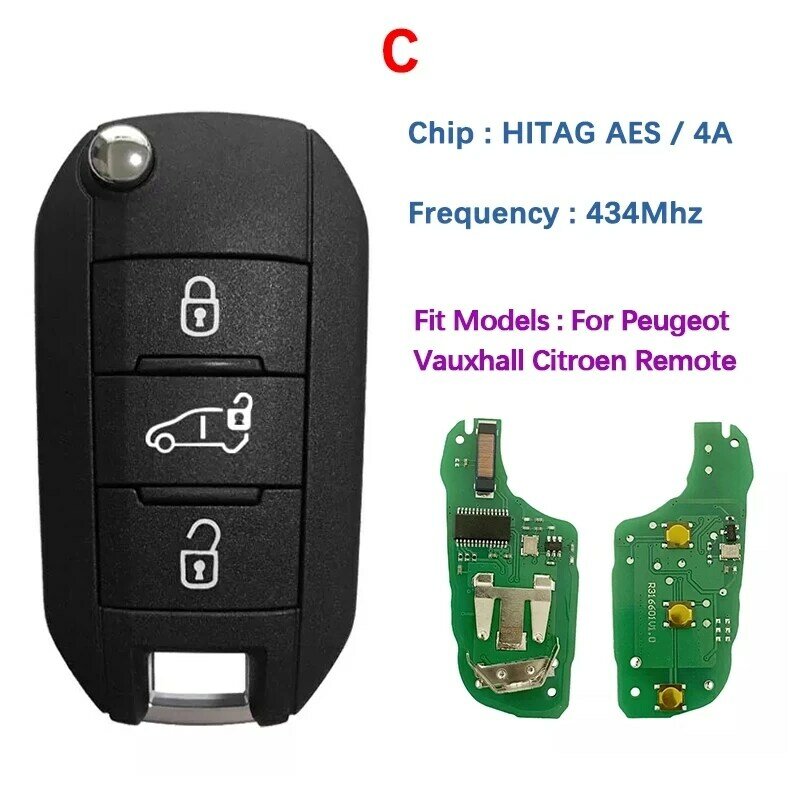 Mando a distancia abatible para coche, llave Fob de 433MHz, Chip 4A para p-eugeot Partner 508 308 Expert para Citroen Dispatch C3 C4 Cactus para Opel y Vauxhall
