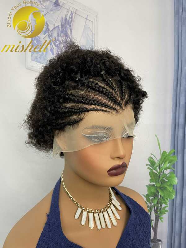 Wig rambut manusia keriting Afro Kinky dengan kepang 250% "13x4" Wig Bob keriting goyang pendek renda transparan untuk wanita mulus