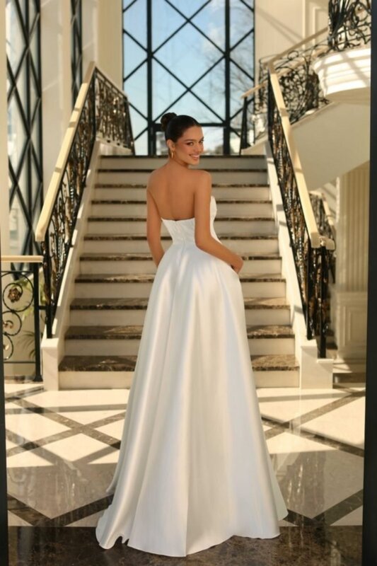 Elegancka satynowa suknie balowe bez ramiączek dla kobiet wizytowa suknia wieczorowa suknia wieczorowa z wysokie rozcięcie suknią ślubną