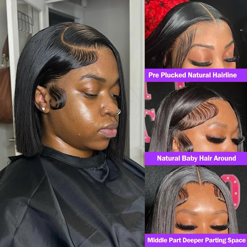 Peluca de cabello humano liso de 13x4 para mujeres negras, postizo de encaje Frontal transparente, corte Bob, Remy, 4x4