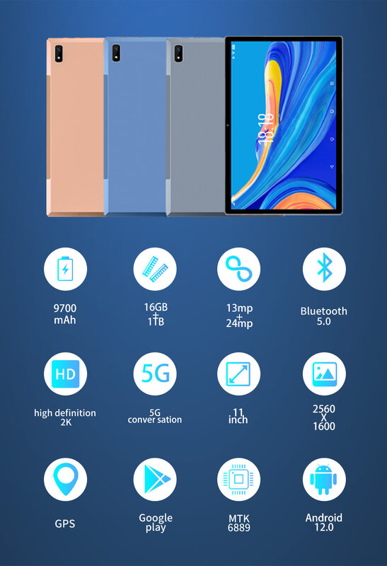 Android 13.0 Tablet Bluetooth, 10.1 ", 16GB RAM, 1TB ROM, GPS, Comunicação WiFi, 4G, 5G, Google Play, Teclado, Novo, 2023