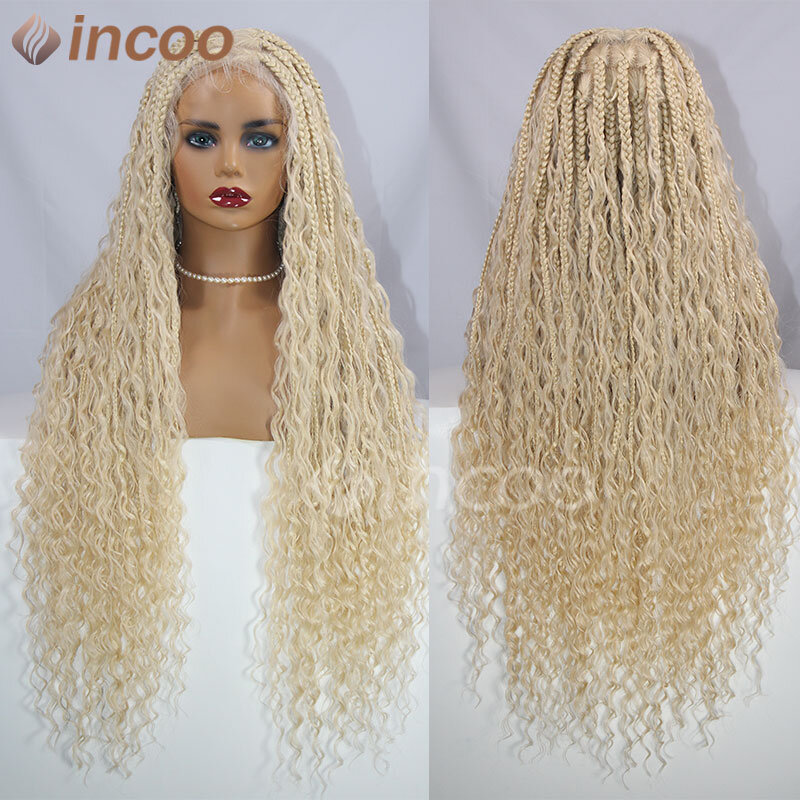 32" Honey Blonde Bohomian Box Braid Wigs Curly Ends Square Part Box Braided Lace Front Wigs Pre Plucked With Baby Hair For Women