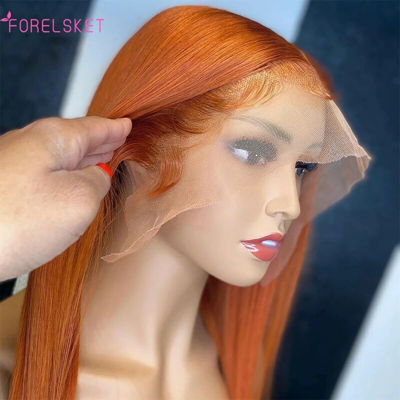 Peluca Frontal de encaje naranja jengibre, cabello humano liso brasileño con cierre Frontal 13x4, cabello Remy de 180% de densidad