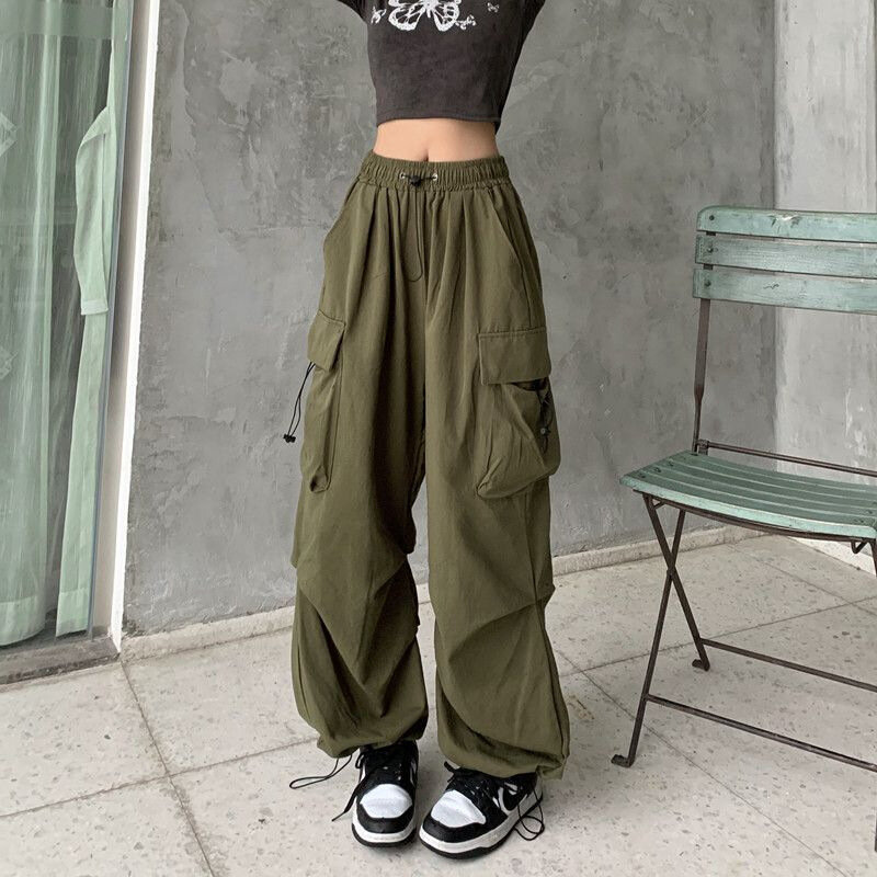 Y2K Cargo Pants Straight Wide Leg Drawstring Trousers Women Oversize Jogger Kpop High Waisted Breathable Solid Color Sweatpants