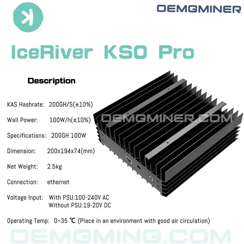 AA Buy 2 Get 1 IceRiver KAS KS0 Pro Asic Miner 200G 100W con cable de PSU