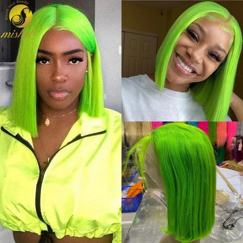 Tragt Bob wig rambut manusia dengan kepadatan 180% 13x4 wig pendek renda depan transparan untuk wanita Brazilan prepked rambut Remy hijau