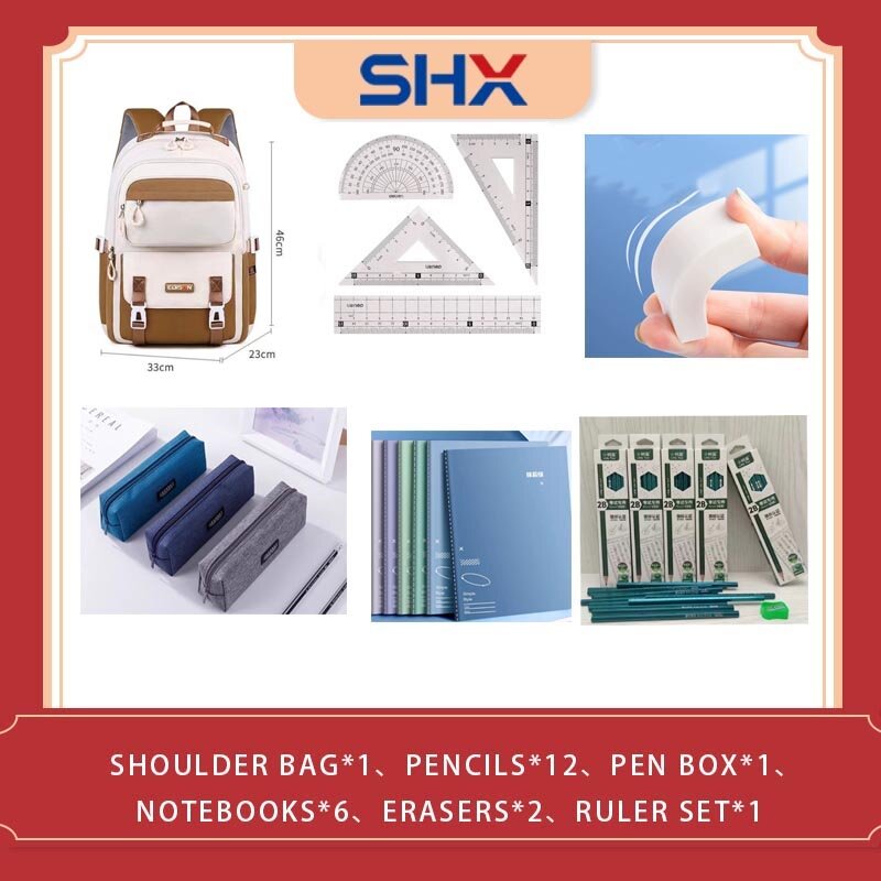 Nylon Material Shoulder Bag, LTA School Kit, A Box, 12 2B Lápis, 1 Pen Box, 6 Notebooks, 2 Borrachas, 1 Régua Set