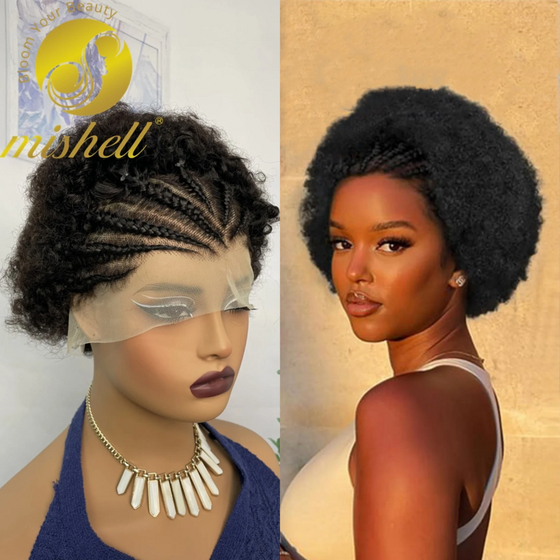 6 inch Afro Kinky Curly Human Hair Wigs with Braids 250% Density 13x4 Transparent Lace Short Curly Bob Wigs for Women PrePlucked