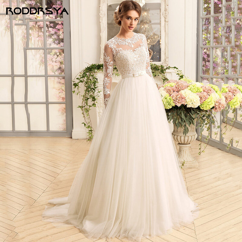 RODDRSYA Illusion Lace Back Wedding Dresses O-Neck Applique Vestidos De Noiva Mariage Bridal Gowns For Women Custom Made Civil