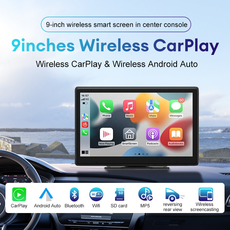 Acodo Android Auto CarPlay Radio samochodowe 9-calowy multimedialny odtwarzacz wideo Przenośny ekran dotykowy z obsługą USB AUX Kamera cofania