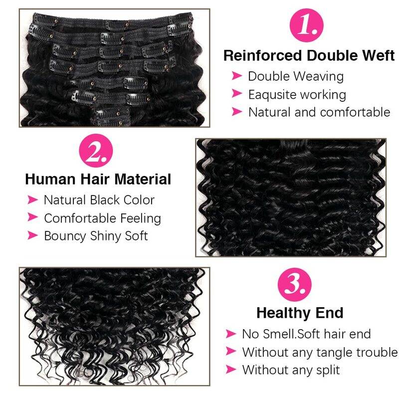 Extensions de cheveux à clipser Deep Wave pour femmes, vrais cheveux humains brésiliens, cheveux vierges, cheveux Remy, 8 pièces