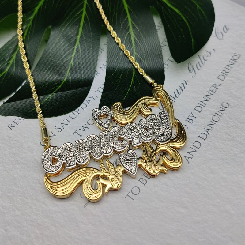 Nazwa własna naszyjnik 18K złoto dwukolorowe złoto spersonalizowana biżuteria naszyjniki ze stali nierdzewnej podwójna płyta 3D tabliczka znamionowa prezent