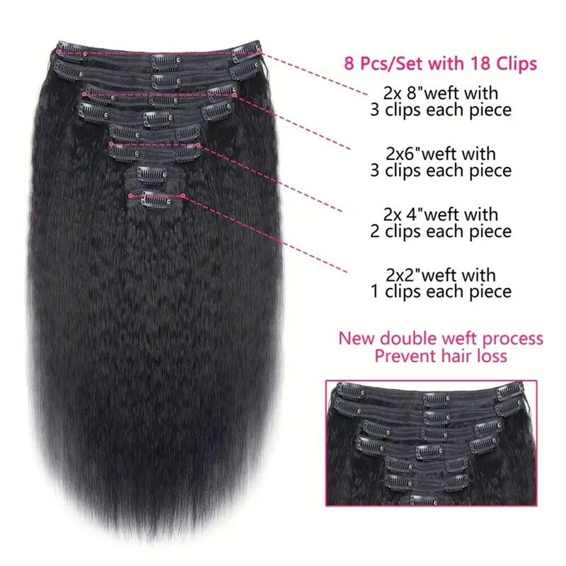 Clip In-extensiones de cabello humano rizado, pelo brasileño de cabeza completa, 8 piezas, 26 pulgadas
