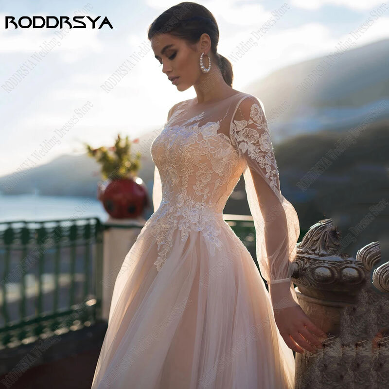 RODDRSYA-Vestidos De novia con cuello redondo para mujer, Vestidos De novia De encaje, mangas largas De linterna, línea A, 2023