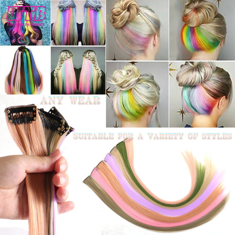 WTB-extensiones de cabello sintético para niña, extensión de cabello largo y liso colorido, color rosa, rojo y azul, arcoíris Natural, Hai