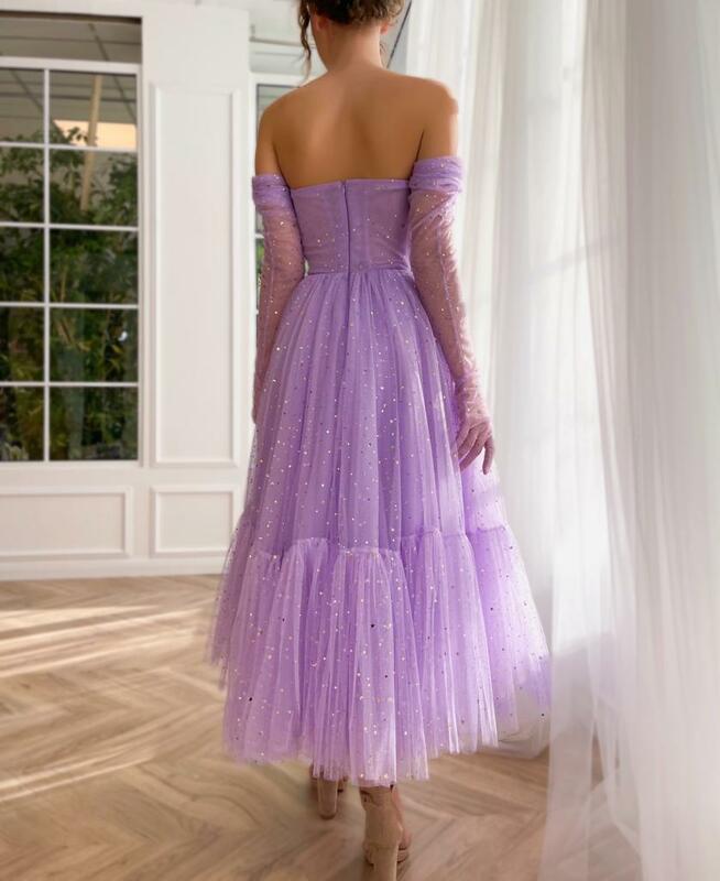Romantyczna i słodka cekinowa tiulowa marszczona na ramionach warstwowa sukienka Midi gorąca na wieczorowe sukienki eleganckie na ślub damskie