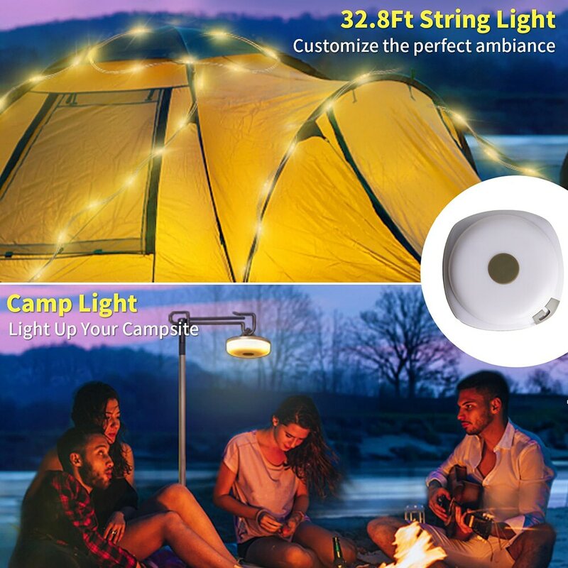 USB recarregável ao ar livre String Lights, lanternas de acampamento portáteis para Garden Yard, 5 modos de iluminação, 2 em 1